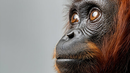 Orangutan Profile Portrait Against Gray Background