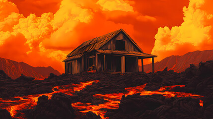 House engulfed by lava with dramatic orange and black volcanic landscape. Ancient Volcanic. Illustration