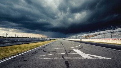 Fototapeta premium A dramatic, empty race track under ominous storm clouds.