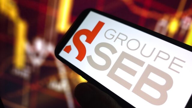 Konskie, Poland - March 17, 2025: Groupe SEB company logo displayed on mobile phone