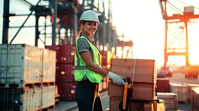 Industrial port worker. Woman in safety gear, including a hard hat and high visibility vest, maneuvers cargo on an industrial port. Cranes and shipping containers. Video made using Generative AI.