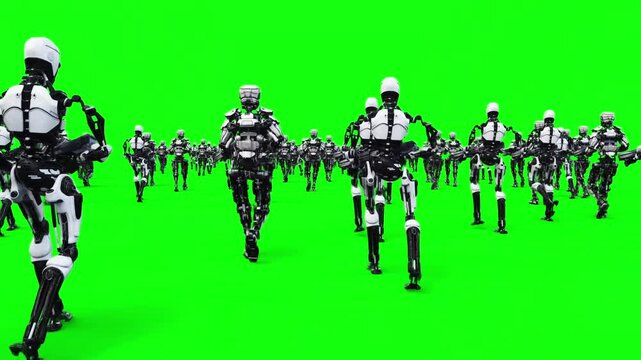 a crowd of walking robots with weapons. green screen. Apocalyptic concept