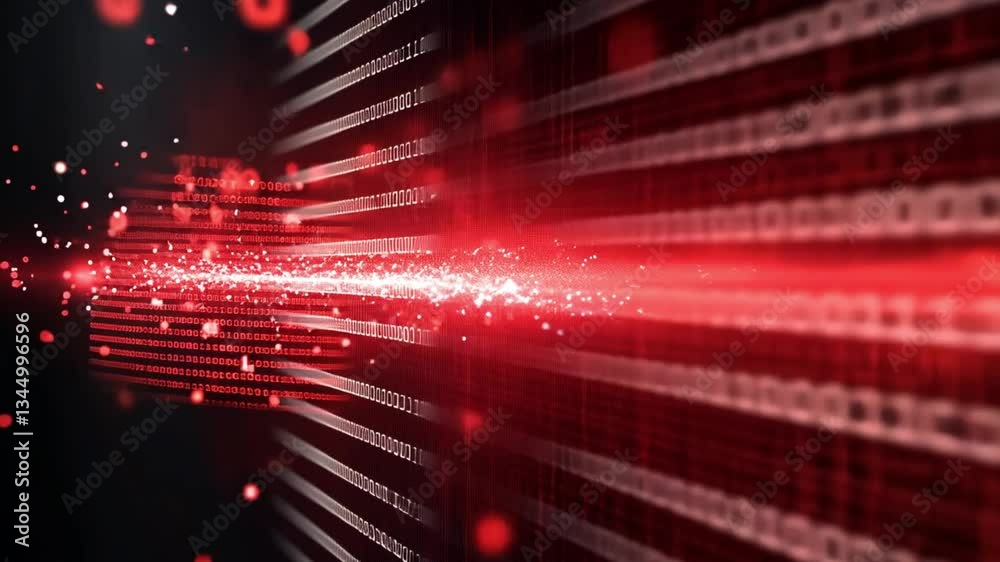 Poster red digital stream: abstract binary code data flow visualization
