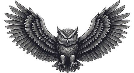 Fototapeta premium Majestic Great Horned Owl in Flight: A Striking Black and White Illustration