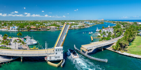 panoramic drone view of Hillsboro Beach, Florida with ocean and city