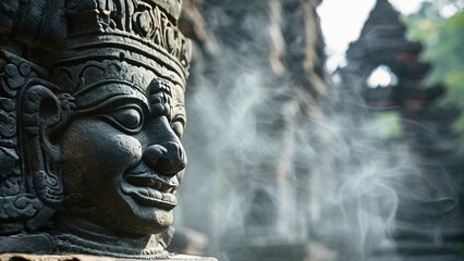 Obraz premium Ancient stone face, temple incense, Southeast Asia, spiritual serenity. Use travel, culture