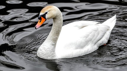 Naklejka premium White swan floats on top of black-red object mid-water