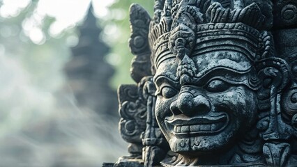 Fototapeta premium Ancient stone deity face, temple garden, Bali, misty morning, spiritual serenity
