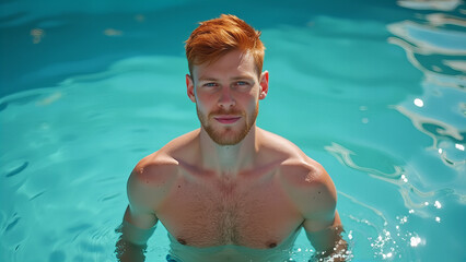 red-haired man in a pool of blue water
