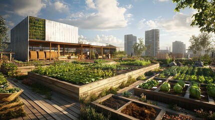 Rooftop urban farm garden, city skyline background, community gardening