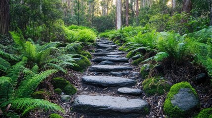 Fototapeta premium Serene Stone Path Through Lush Green Ferns in a Tranquil Forest Setting Surrounded by Nature's Beauty