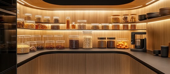 A well organized pantry with wooden shelves and food jars