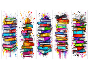 Beautiful bookmarks for book lovers, set of 5, decorative design, size of bookmarks 2x6 inch, illistration, love to read, Colorful watercolor book stack tag with Paint Splash