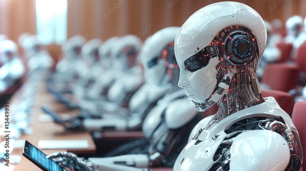 Poster robotic assembly in a high-tech conference setting with advanced ai interactions