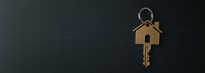 Close-up photo banner of a key with a house-shaped or house keyring on a black background, for real estate concept, with copy space for text.