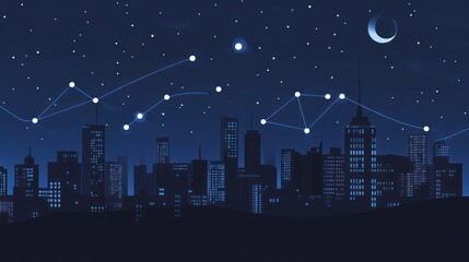 Fototapeta premium Night city skyline with starry sky and graph. Stock photo for business, investment, or financial concepts