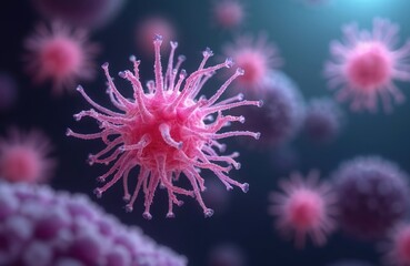 Fototapeta premium Microscopic close-up of pink virus cells on dark background. Scientific illustration of disease-causing pathogens. Concept of virology, infectious diseases like flu, coronavirus, covid, cancer Sars.