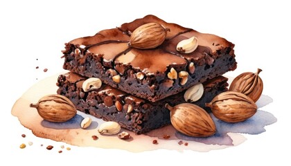 Brownie with nuts, dessert element, watercolor style, isolated on white background