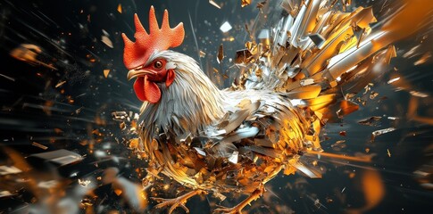 Fototapeta premium A stylized rooster with fragmented metallic elements on dark background