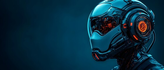 Portrait of a man-robot hybrid, blending organic and mechanical elements. This futuristic image embodies the fusion of technology and humanity, ideal for cyberpunk media, AI, and biomechanics topics.	