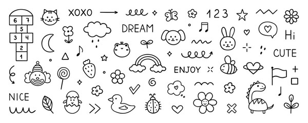 Cute kids elements, preschool kindergarten doodle icons set. Daycare, children drawings, flower, rainbow, cloud, sun, heart in sketch style. Hand drawn vector illustration isolated on white background