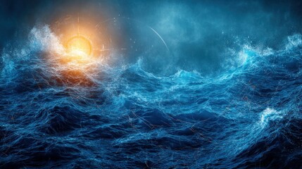 Digital waves crashing, a celestial storm