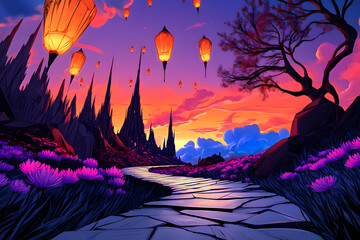 Magical Mountain Path at Sunset with Floating Lanterns