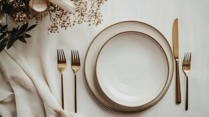Elegant Dining Setup with Simple Plates and Brass Cutlery on Table