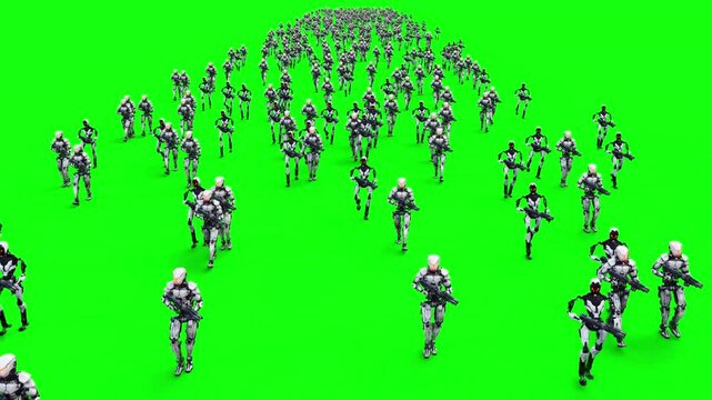 a crowd of walking robots with weapons. green screen. Apocalyptic concept