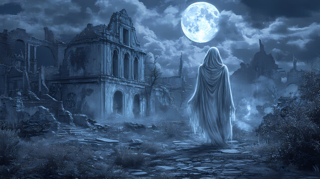 Fractured ghost haunting specter materializing in surreal moonlit ruins. Phantom Shard. Illustration