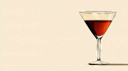   A beige background showscases a wine glass with liquid inside and casts a shadow from its base, creating an alluring close-up image