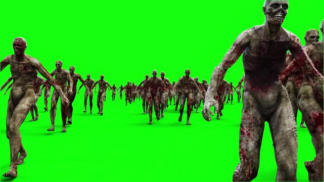 a crowd of walking zombies. green screen. Apocalyptic concept.