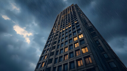 Obraz premium Modern Skyscraper At Night Under Cloudy Sky