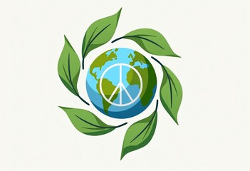 Globe with peace symbol surrounded by leaves, environmental harmony