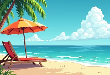 Tropical beach scene with lounge chair and umbrella, summer relaxation