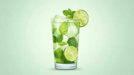   A refreshing mojito tea served in a green glass, garnished with fresh limes and mint leaves