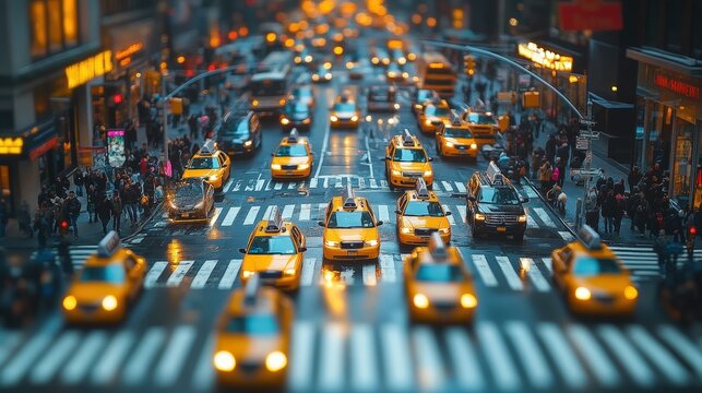 Yellow cabs driving on busy new york city street at dusk - Powered by Adobe