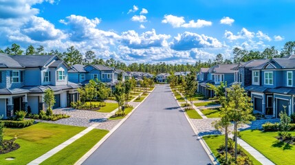 Aerial view of a brand-new townhouse community with modern urban design, tree-lined streets.