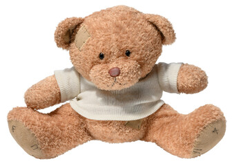 Brown teddy bear in white sweater on isolated background