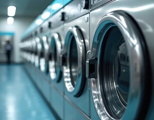 Convenient laundromat featuring public laundry machines. Dry cleaning services photo. Stainless steel washers. Clean washing. Hygiene, convenience. Appliance, cleanliness. Urban machine equipment.