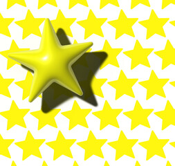 Yellow volumetric star with shadow on pattern background, 3D rendering illustration