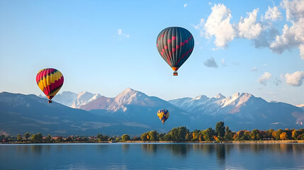Fototapeta premium Vibrant Hot Air Balloons Floating Over Mountainous Lake Landscape Under a Clear Blue Sky