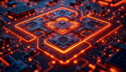 Glowing circuitry illuminates a complex, futuristic circuit board with intricate patterns and vibrant orange accents. Graphical resource for design and downstream advertisement purposes