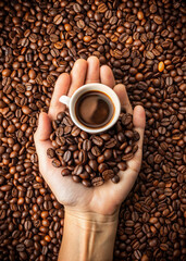 Hot Espresso with Rich Crema and Coffee Beans
