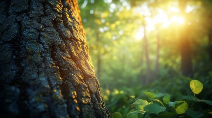 Obraz premium Sunlit Forest Tree Bark Texture Close Up
