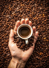 Hot Espresso with Rich Crema and Coffee Beans
