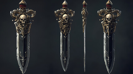 A detailed fantasy weapon with a skull motif and ornate design, perfect for game artwork or dark fantasy themes. Warlords Dagger. Illustration