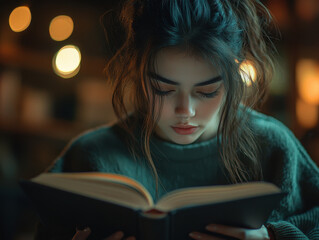 Woman engrossed in a book in a cozy, dimly lit living room with an intimate atmosphere