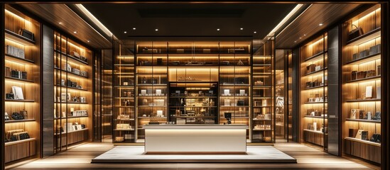 Elegant boutique store interior with extensive shelves and display counters