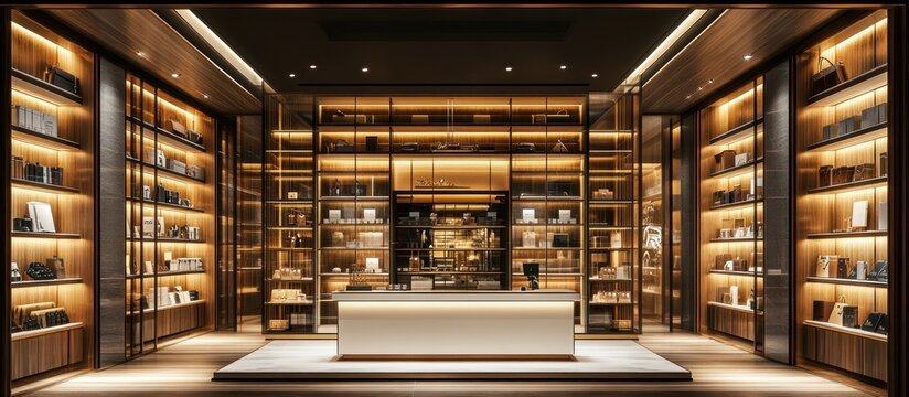 Elegant boutique store interior with extensive shelves and display counters